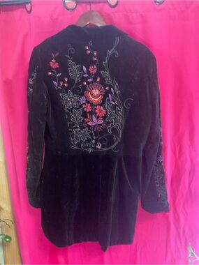 Black Velvet Trench Coat with Multicolor Floral Embroidery